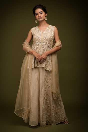 Farha Syed Mirror Embroidered Floral Peplum Kurta Sharara Set 