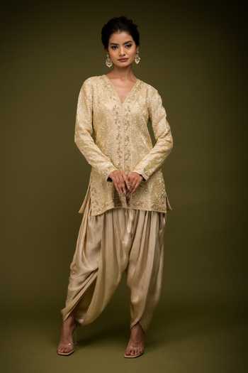 Farha Syed Rosette Cutdana Embroidered Jacket Kurta Dhoti Pant Set 