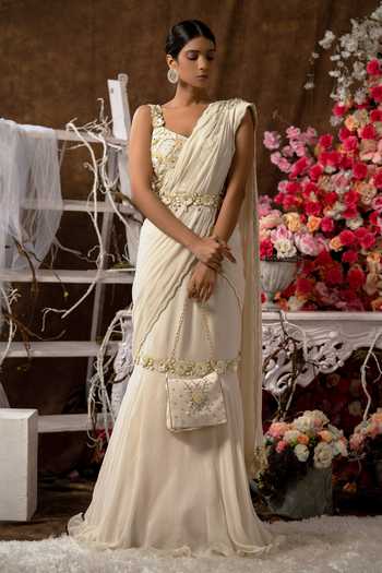 Farha Syed Fishcut Embroidered Pre-Draped Saree Set 