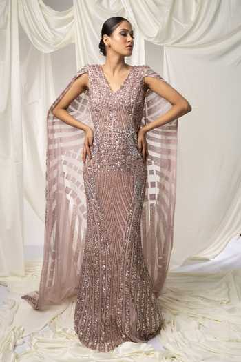 Ambrosia Venus Evanescence Sequin Embellished Gown With Attached Wing Trail 