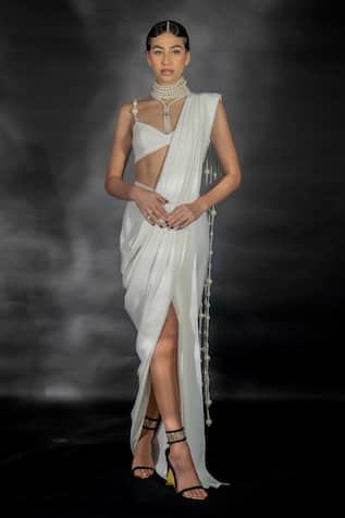 Nikhil Thampi Pearl Tassel Embellished Pre-Draped Saree With Blouse 