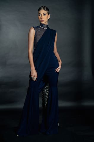 Nikhil Thampi Bead Tasselled Pre-Draped Pant Saree With Sheer Bodysuit 