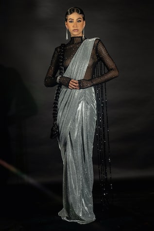 Nikhil Thampi Shimmer Pre-Draped Saree With Sheer Bodysuit 