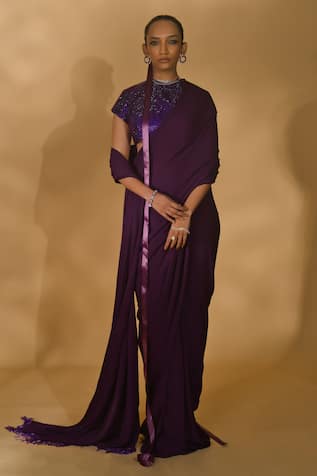 Nikhil Thampi Solid Pre-Draped Saree With Embellished Blouse 