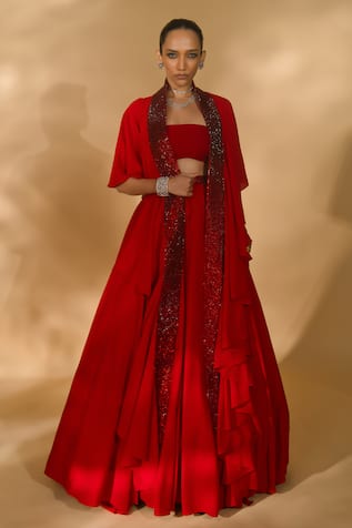 Nikhil Thampi Flared Lehenga Ruffle Cape Set 