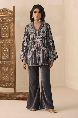 Buy Blue Rayon Flex Embroidered Floral Round Top And Bell Bottom Pant Set  For Women by Inej Online at Aza Fashions.