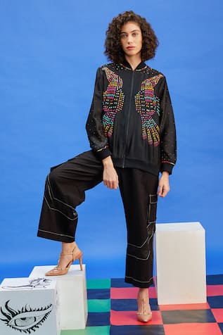 Shilpi Gupta Bead Floral Embroidered Bomber Jacket 