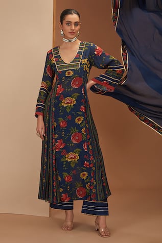Floral Stripe Print Anarkali Pant Set For Kids