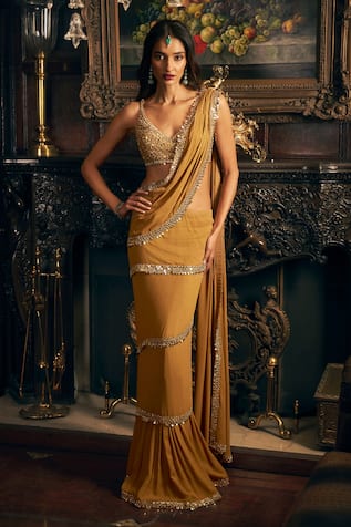 Seema Gujral Pre-Stitched Wrap Around Saree With Embroidered Blouse 