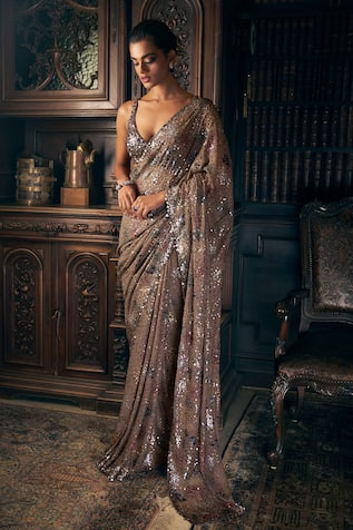 Seema Gujral Sequin Cluster Embroidered Saree With Blouse 