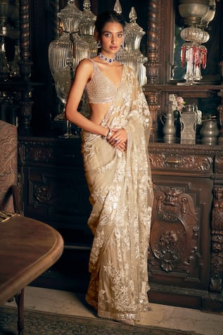 Seema Gujral Metallic Floral Applique Saree With Blouse 