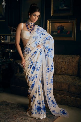 Seema Gujral Floral & Sequin Embroidered Saree With Blouse 