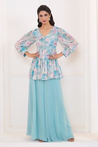 Aariyana Couture Lily Print Peplum Top & Palazzo Set 