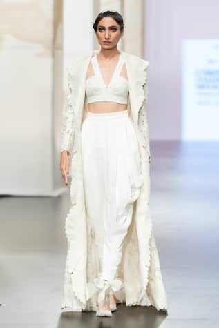 Pankaj & Nidhi Ivory Lily Embellished Long Jacket Dhoti Set 