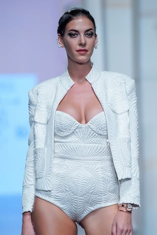 Pankaj & Nidhi Ambrosia Engraved Applique Crop Bomber Jacket 