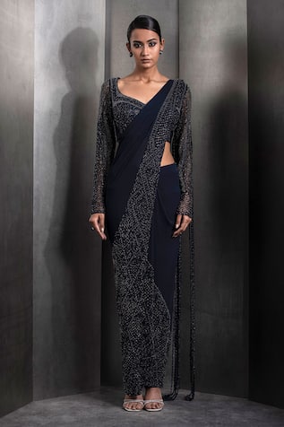 Cutdana Geometric Embroidered Pre-Draped Saree With Blouse 