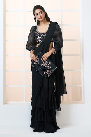 Aariyana Couture Pre-Draped Tiered Saree With Embroidered Blouse 