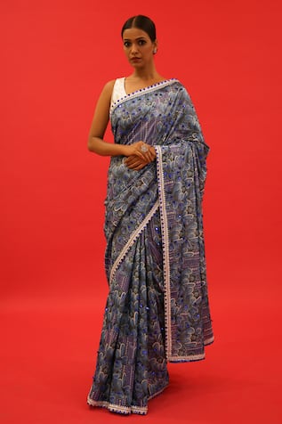 SAKSHAM & NEHARICKA Neel Floral Hand Painted Saree With Unstitched Blouse Piece 