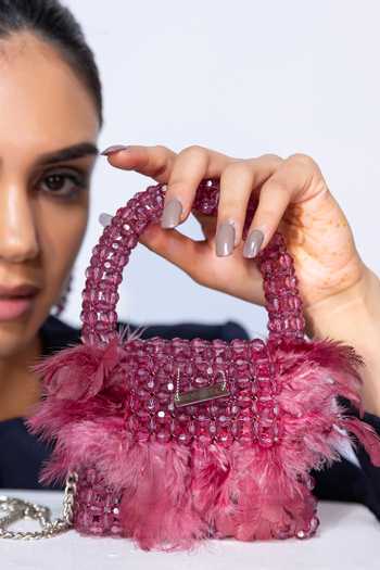 Modarta Pink Crystals & Feathers Embroidered Bag 