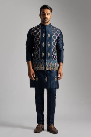 Blue Thread Embroidered Nehru Jacket 