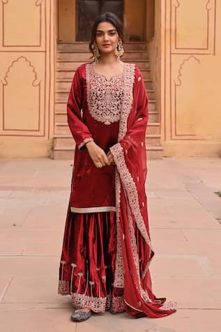 KARAJ JAIPUR Bahar Fleur Dori Embroidered Kurta Sharara Set 