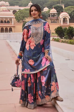 KARAJ JAIPUR Blossom Print Dori Embroidered Velvet Kurta Sharara Set 