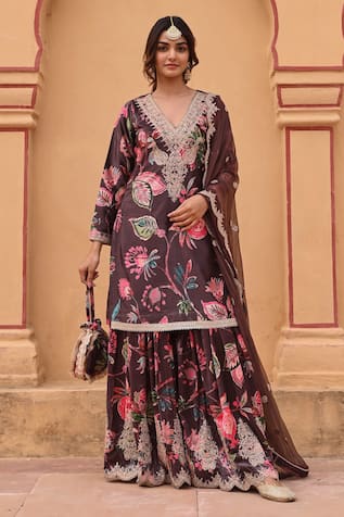 KARAJ JAIPUR Budding Bloom Print Dori Embroidered Kurta Sharara Set 