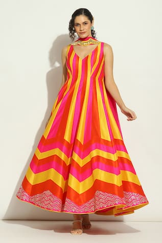 Vandana Sethi Stripe Patchwork Embroidered Anarkali With Dupatta 