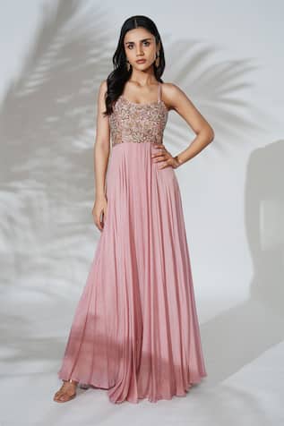 Mauve Hand Embroidered Flared Gown For Kids