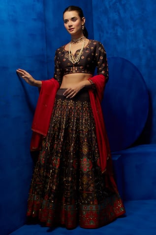 Nautanky Midnight Petal Print Silk Lehenga Set 