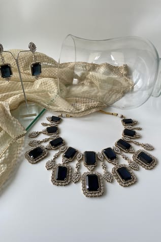 Square Stone Embellished Drop Necklace Set 