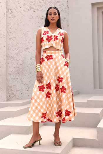 Aapro Beige Checkered Waistcoat & Skirt Set 