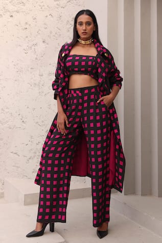 Aapro Ruth Checkered Print Trench Jacket Pant Set 