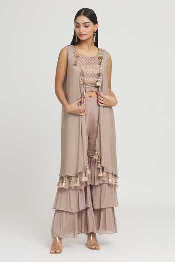 Label Lila Tassel Embellished Jacket Layered Pant Set 