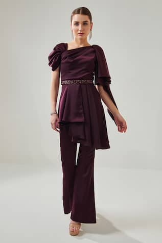 One Knot One By Ashna Asymmetric High Low Top With Pant 