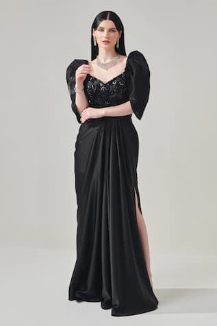 One Knot One Voluminous Sleeve Embroidered Draped Gown 