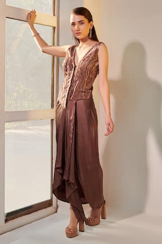 One Knot One By Ashna Sleeveless Embroidered Jacket & Draped Skirt Set 