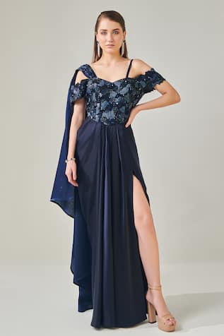 One Knot One By Ashna Off Shoulder Embroidered Draped Gown 