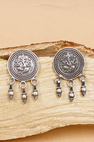 Lord Ganesha Oxidised Carved Drop Earrings 
