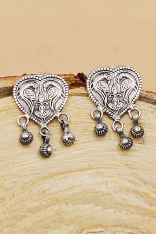 Carved Parrot Oxidised Heart Drop Earrings 