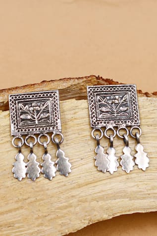 Carved Plumeria Oxidised Leaf Drop Earrings 
