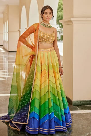 Cedar & Pine Color Block Chevron Pattern Lehenga Set 