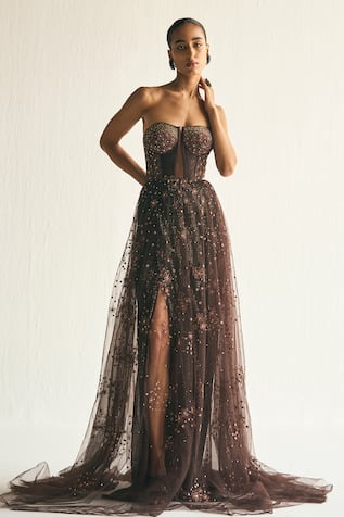 Cedar & Pine Cosmic Sequin Embroidered Strapless Gown 