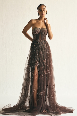 Cedar & Pine Cosmic Sequin Embroidered Strapless Gown