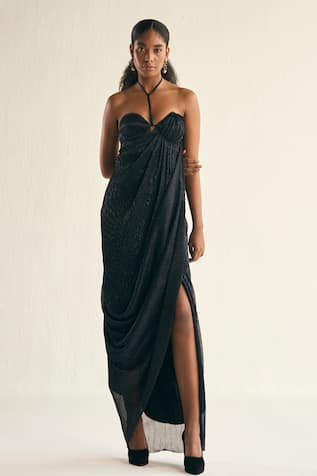 Cedar & Pine Night Sky Textured Halter Neck Gown 