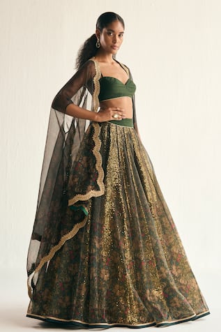 Cedar & Pine Enchanted Forest Floral Print Lehenga Cape Set 