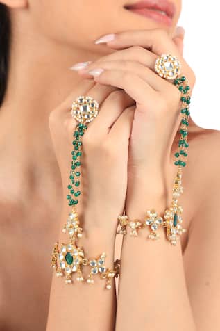 Green Stone Embellished Hathphool Set of 2 
