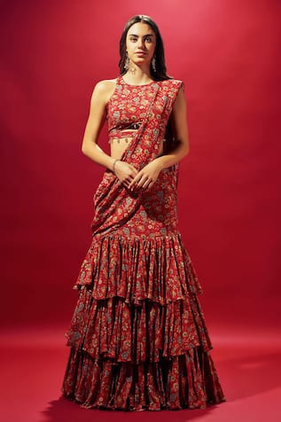 SAMMOHI BY MOKSHA AND HIRAL Pre-Draped Floral Print Ruffled Saree With Blouse 