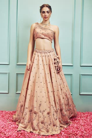 SAMMOHI BY MOKSHA AND HIRAL Floral Crystal Hand Embroidered Lehenga With Blouse 