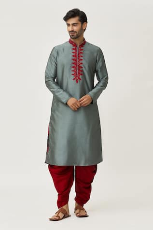 Placket Thread Work Kurta & Maroon Dhoti Pant Set 